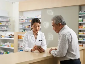 Pharmacist assisting an old folks