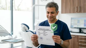 A dentist holding/reviewing an Annual Practising Certificate with a subtle checkmark or compliance icon overlay, conveying “mandatory requirement met.” Bright clinical setting with Minaris's blue brand accent.