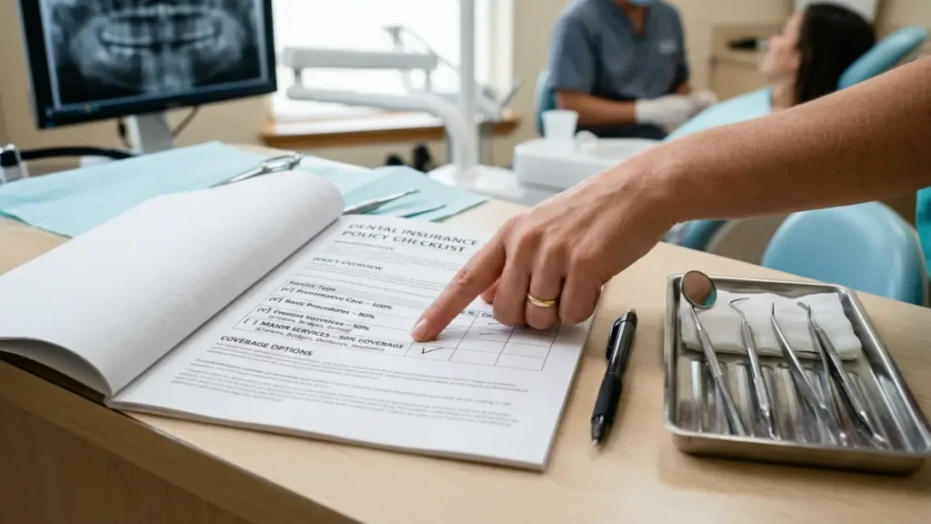 Dentist reviewing Professional Indemnity Insurance policy coverage checklist