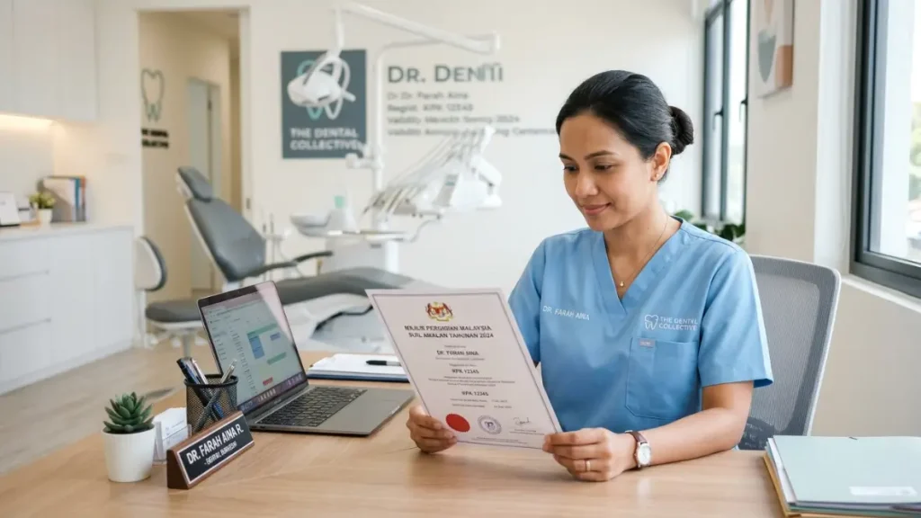 Malaysian dentist reviewing Professional Indemnity Insurance and APC renewal documents